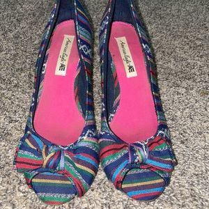 American Eagle Peep Toe Cork Wedge Multicolor Stripe Canvas Sz 8 Boho S06